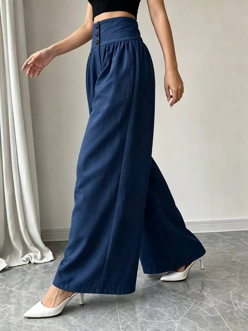 3-Button High Waist Wide-Leg Pants