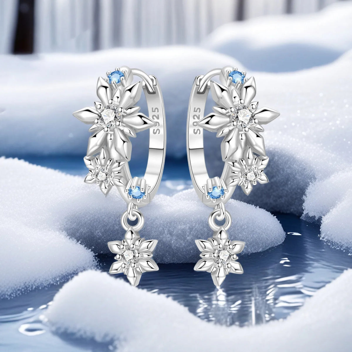 925 Silver Blue Snowflake Drop Earrings