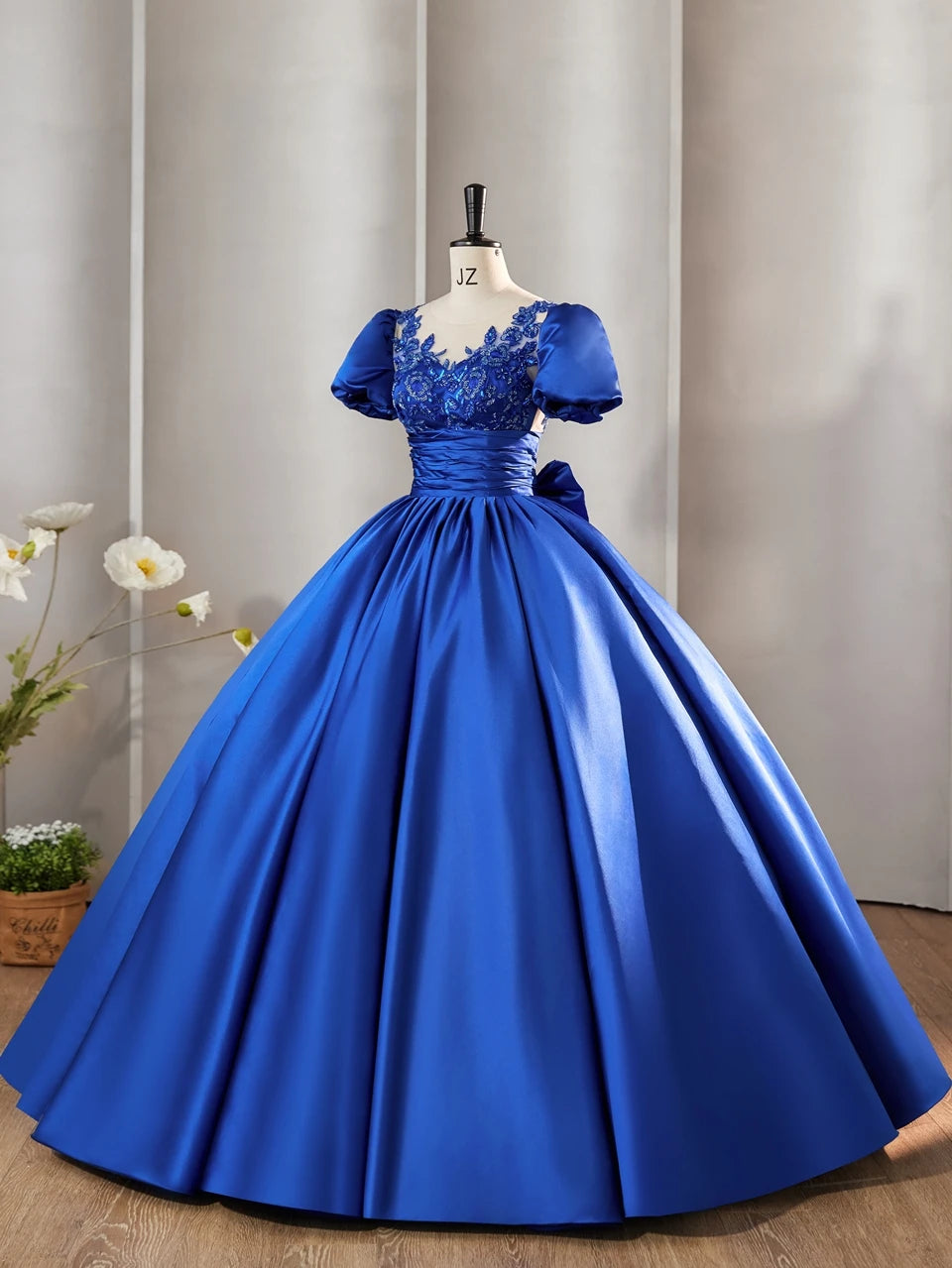 Puff Sleeve Applique Ball Gown