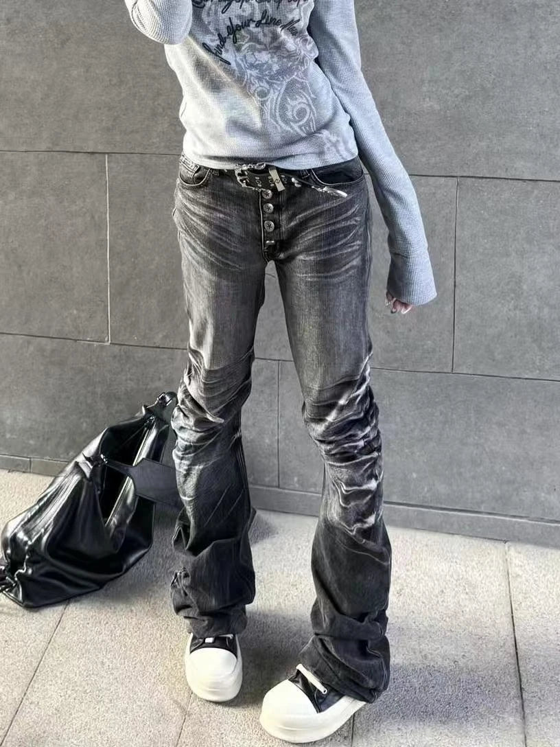 Pleated Button Distressed Slim Jeans