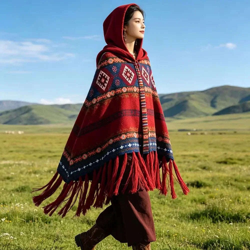 Embroidered Tassel Knit Shawl Cape