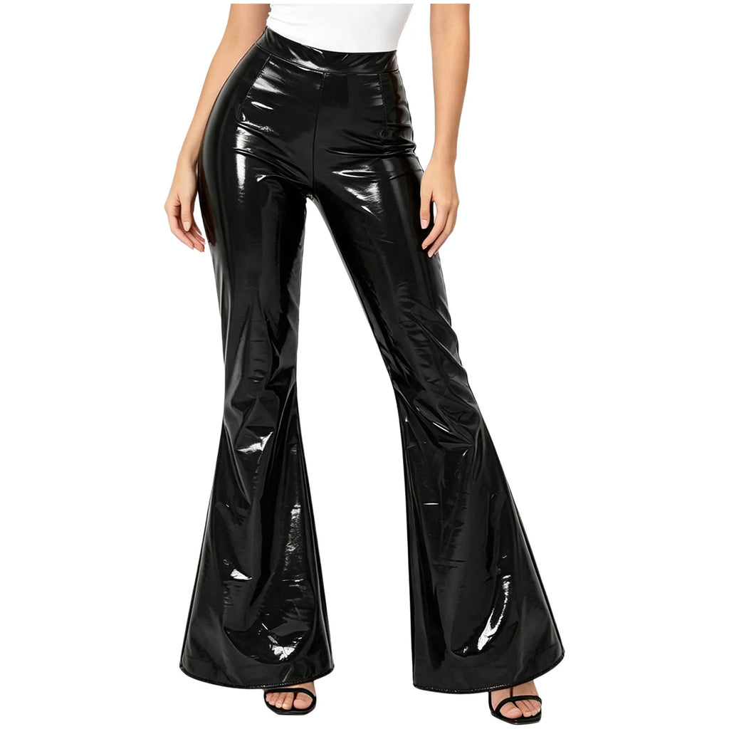 Glossy Faux Leather Flare Pants