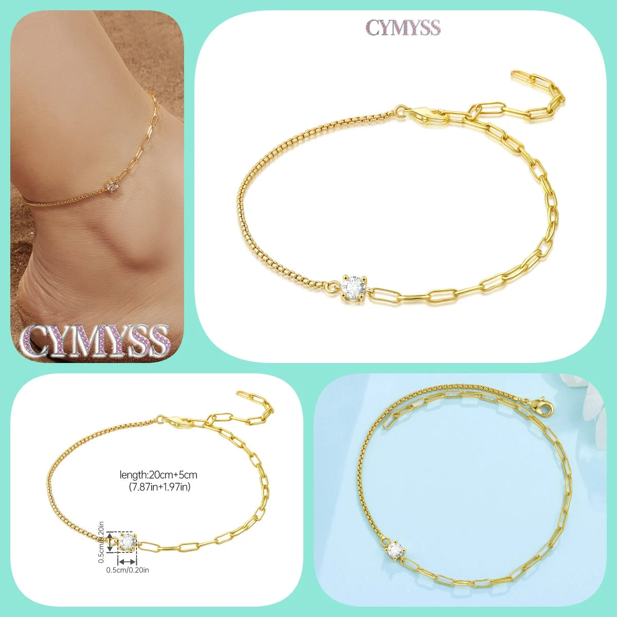 925 Silver 18K Gold CZ Layered Anklet