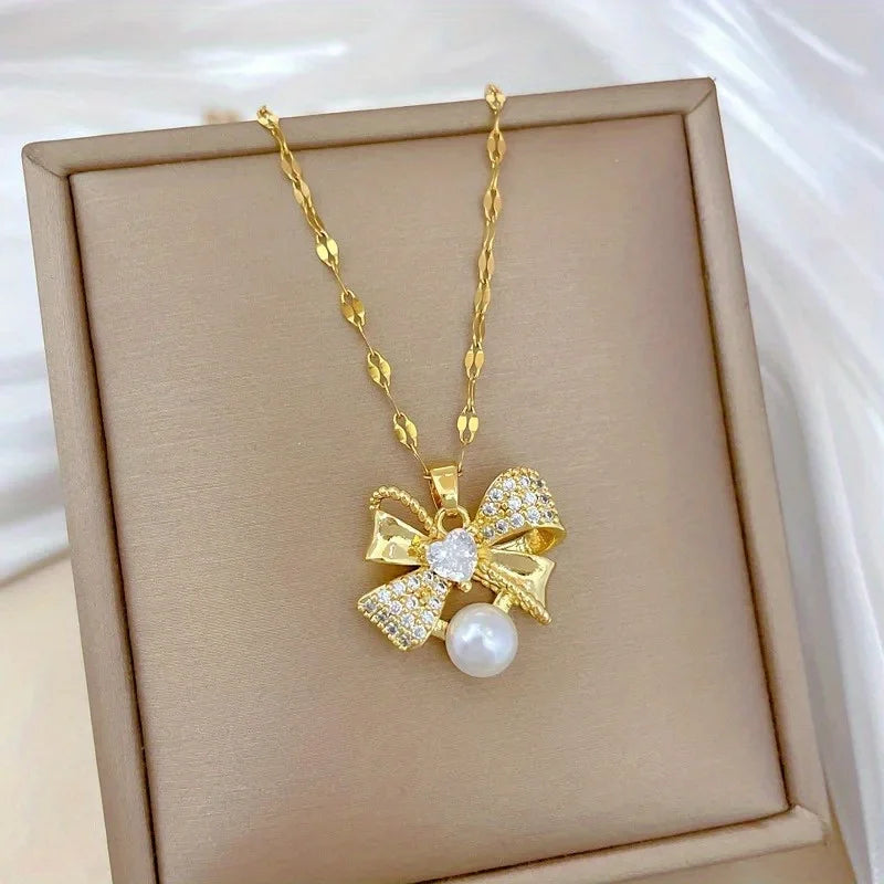 🤍 Pearl Bow Necklace Earring Set