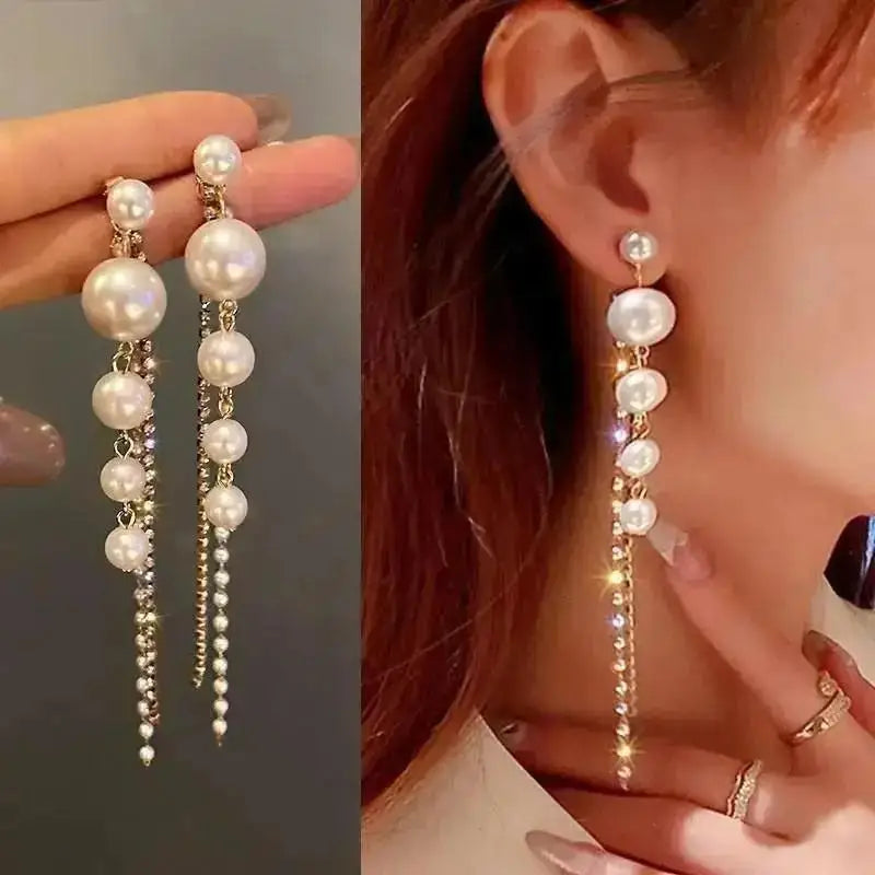 Zircon Pearl Tassel Earrings