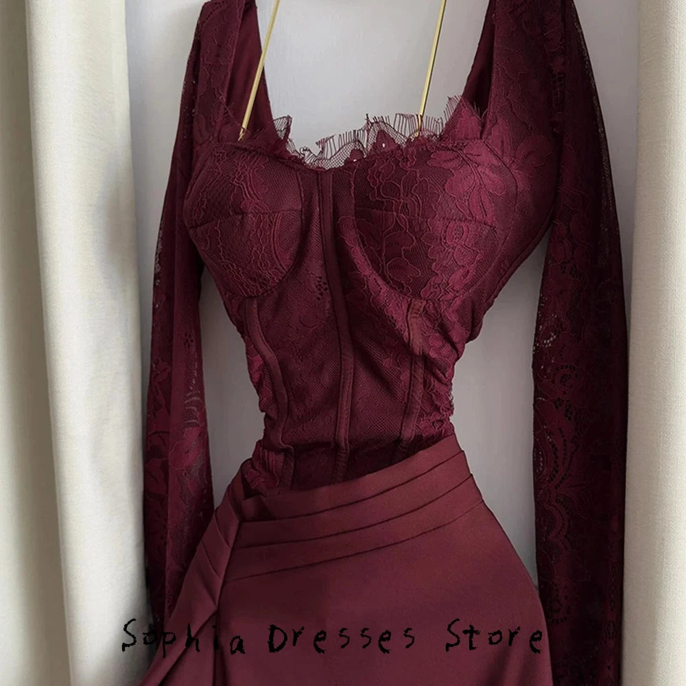 V-Neck Long Sleeve Lace A-Line Gown