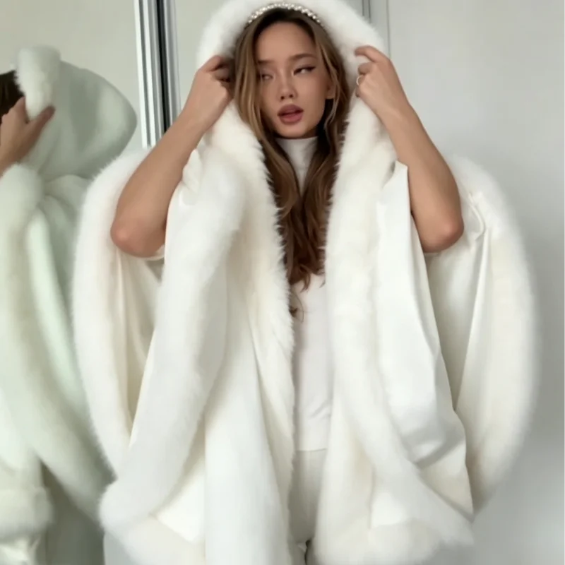 White Furry Trim Hooded Cape