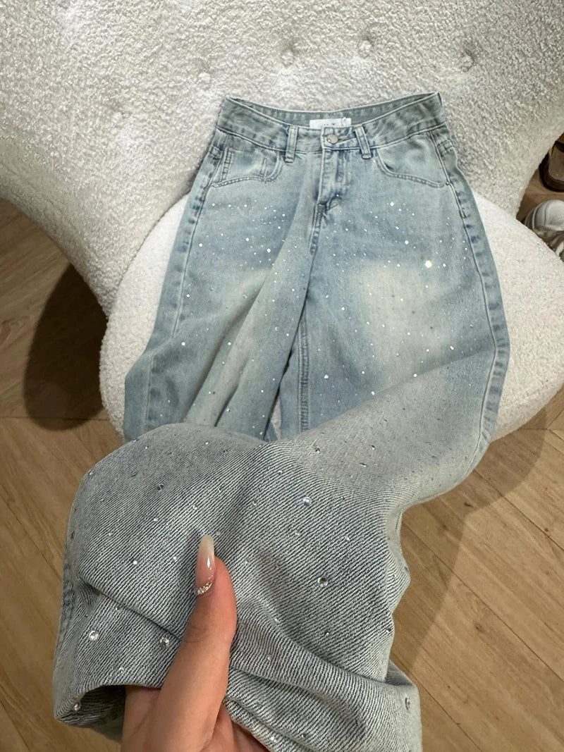 Light Blue Rhinestone Straight Jeans
