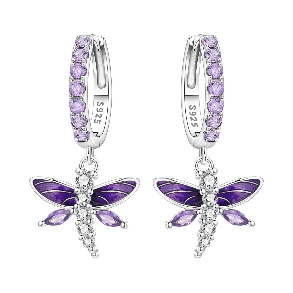 925 Silver Purple Butterfly Drop Earrings