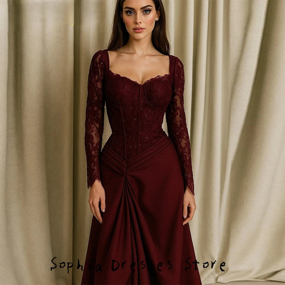 V-Neck Long Sleeve Lace A-Line Gown