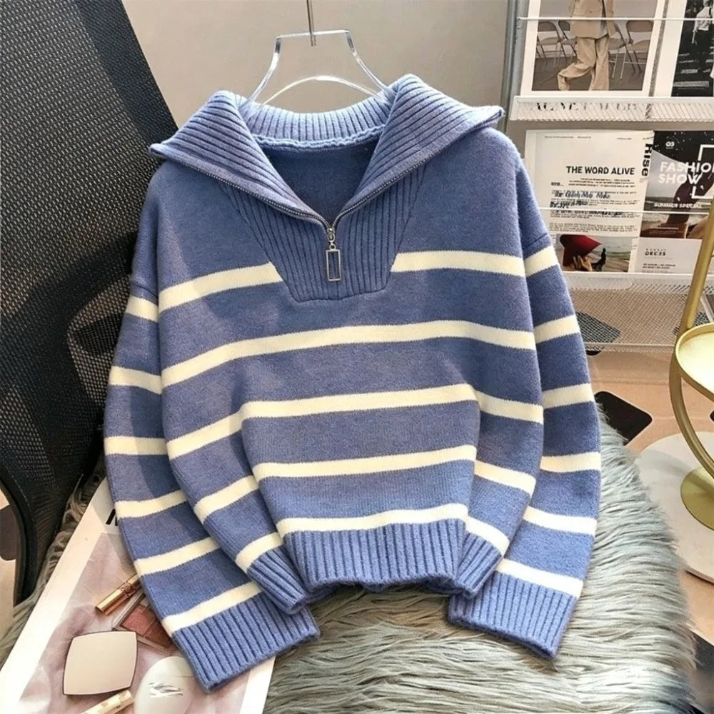 Short Striped Half-Zip Sweater
