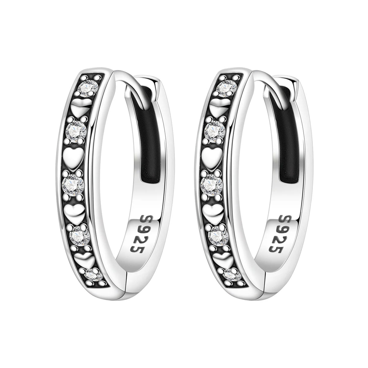 925 Silver Vine Heart Black Zircon Hoops
