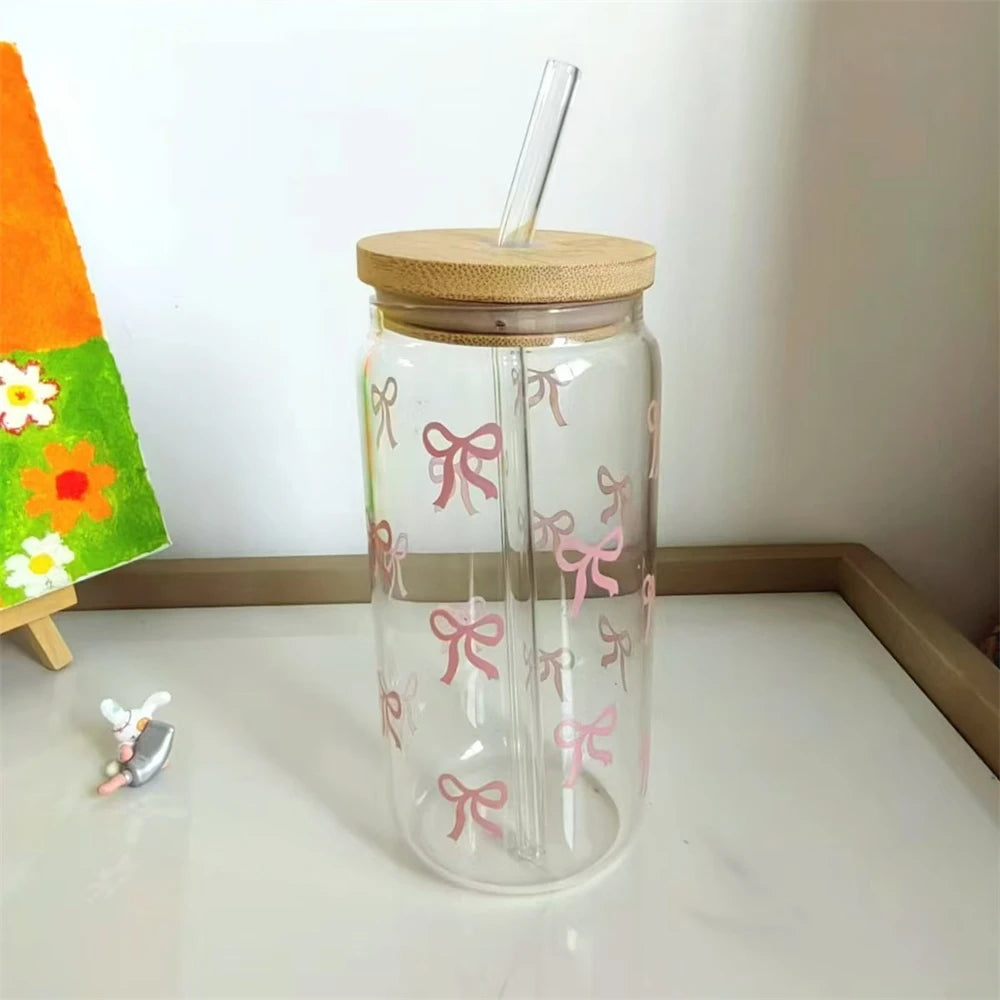 Pink Bow Glass Cup with Lid & Straw 500ml