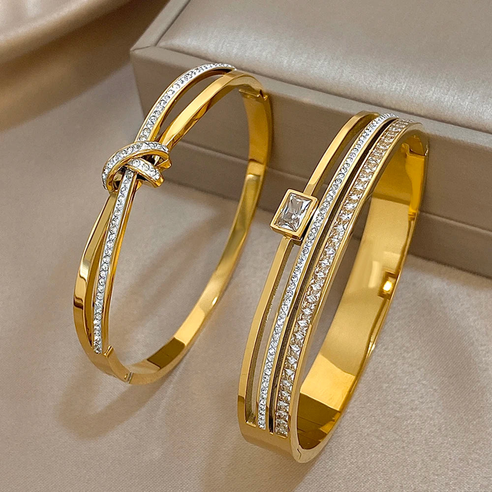 💫 Luxury Stainless Steel Rhinestone Cuff Bracelet Set