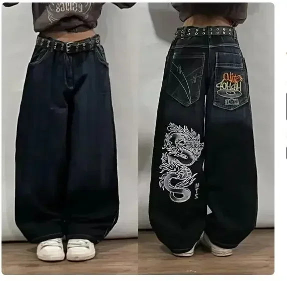Letter Embroidered Wide-Leg Jeans