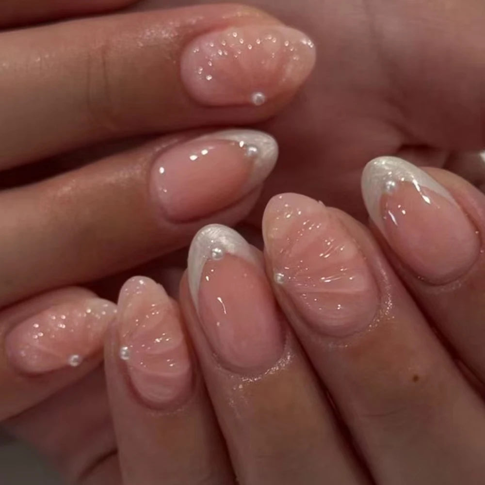 24-Piece 3D Pearl Flower Press-On Nails