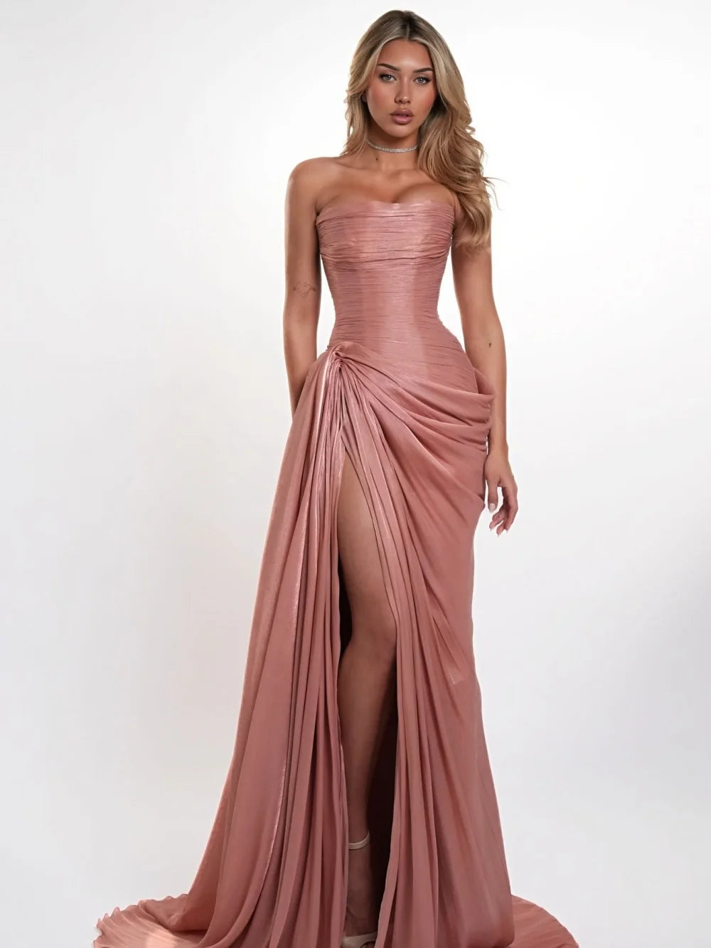 Dusty Pink Strapless Chiffon Gown