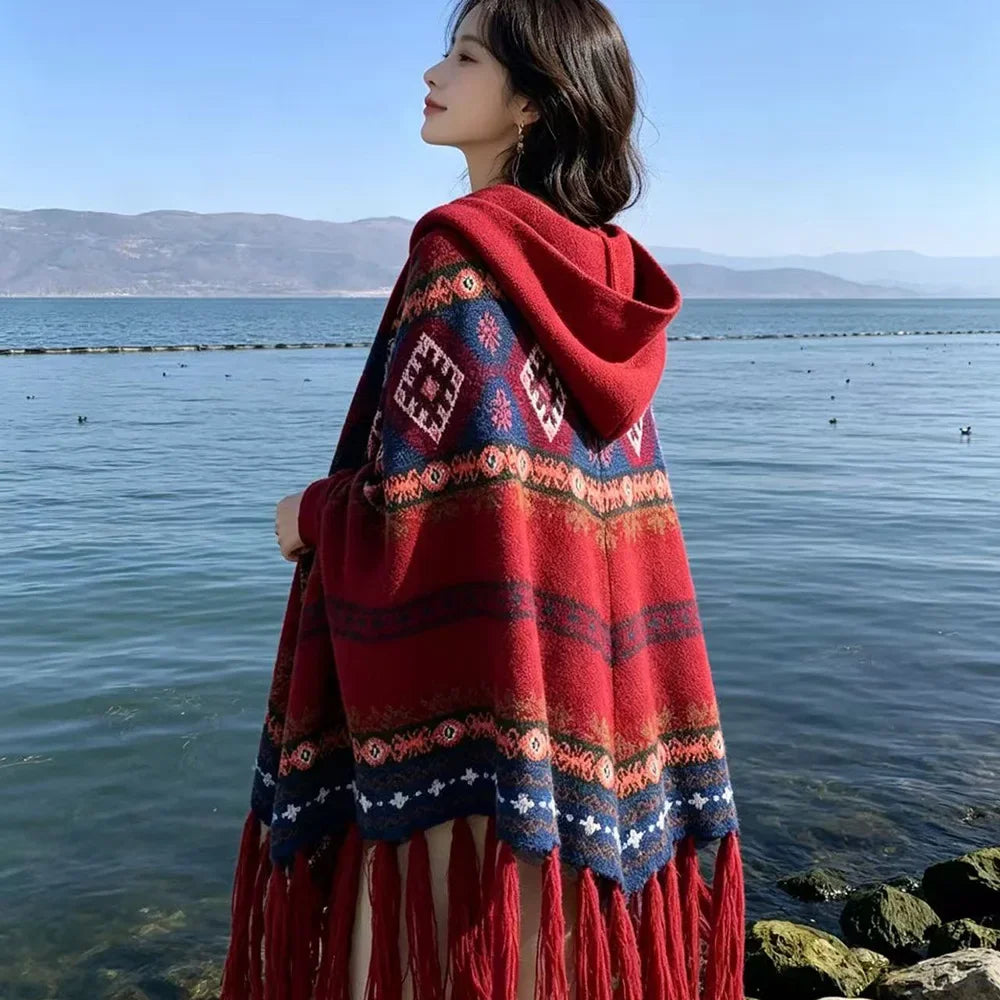 Embroidered Tassel Knit Shawl Cape