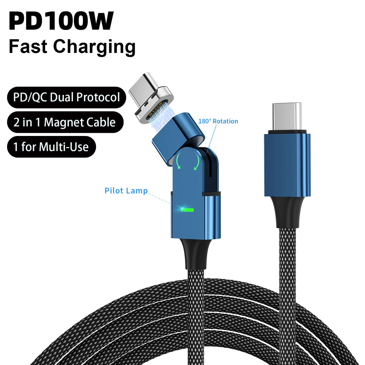 🔄 100W 180° Magnetic Charging Cable