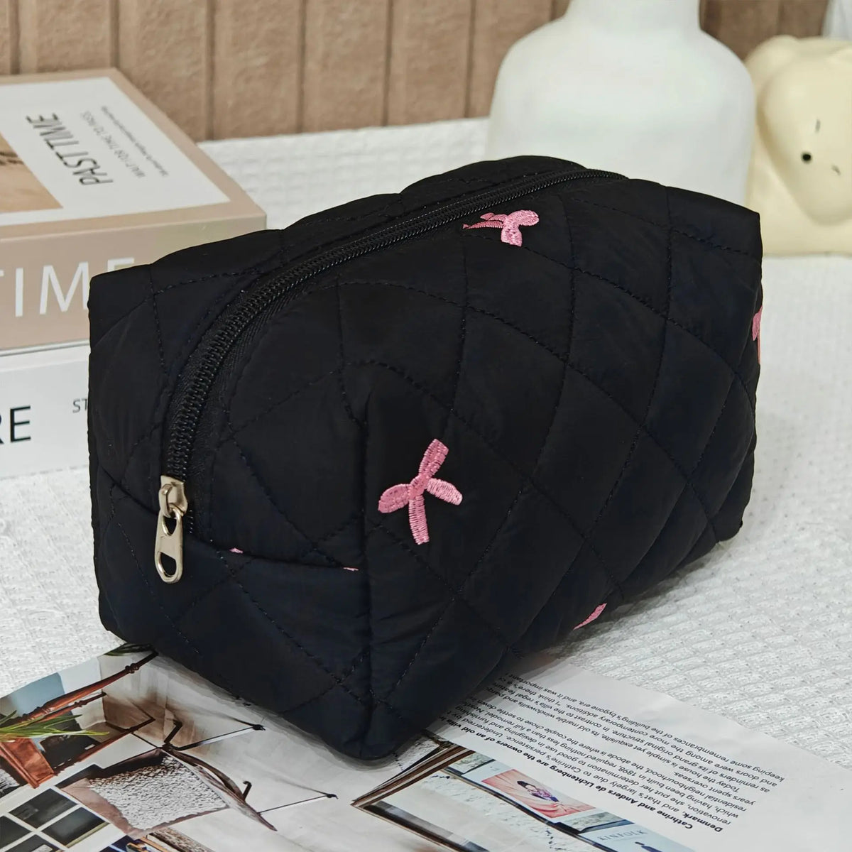 Quilted Bow Cosmetic Travel Bag