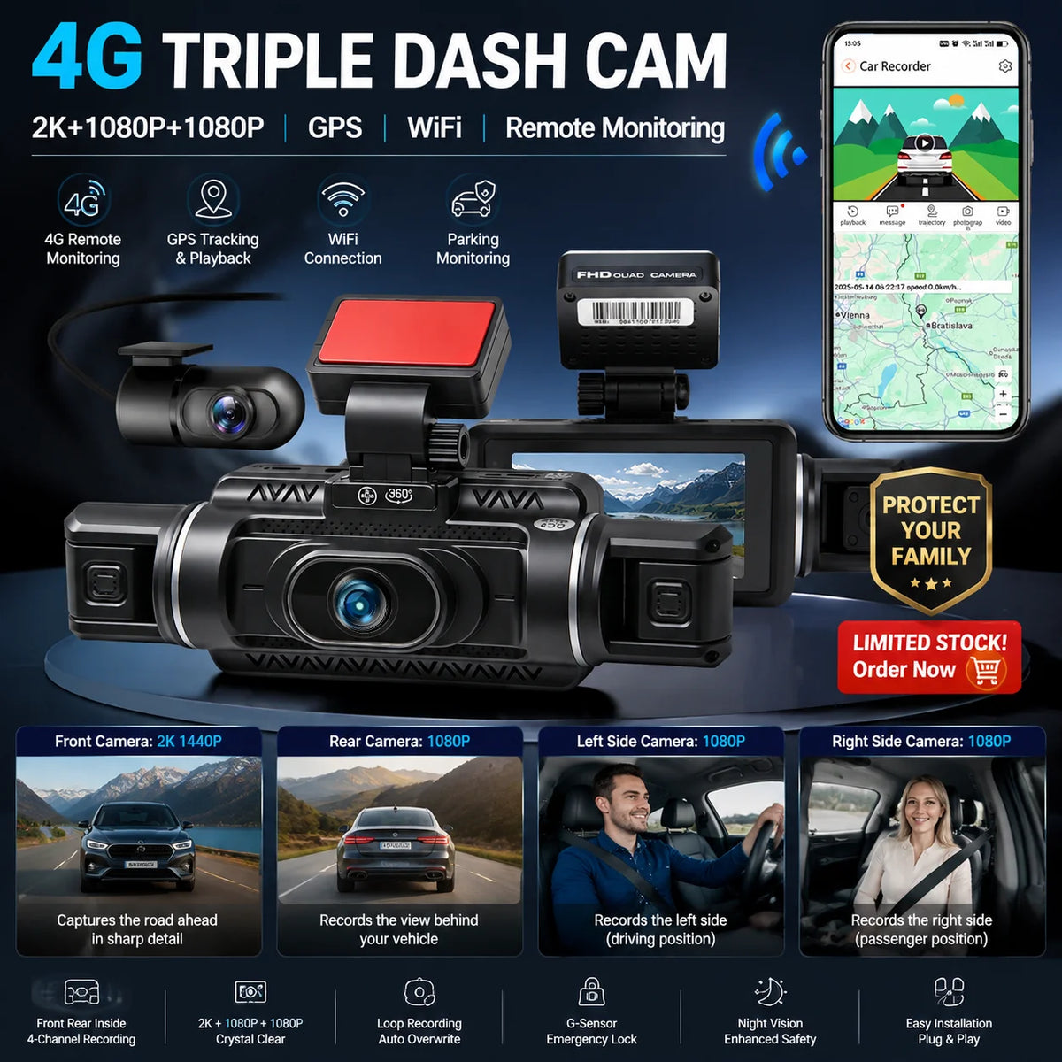 🛡️ 4G LTE 4-Channel Dash Cam