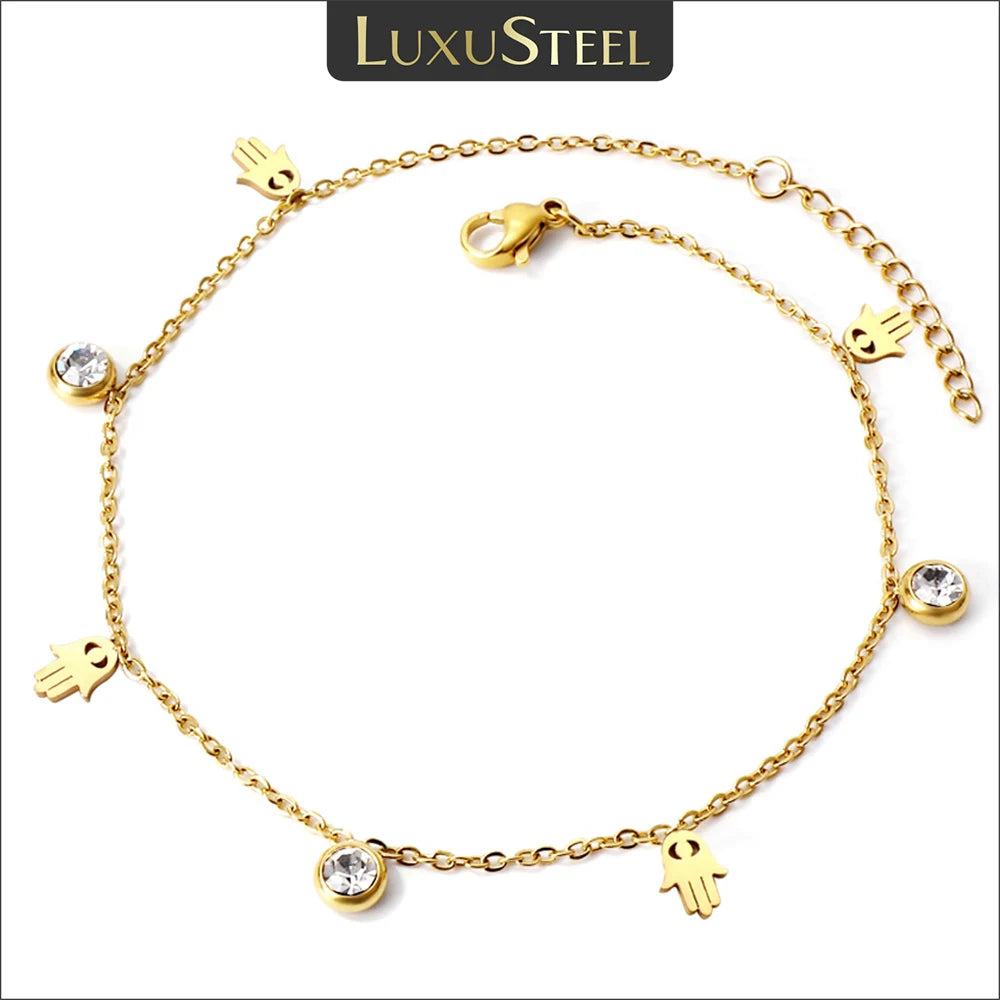 Crystal Hamsa Hand Gold Anklet