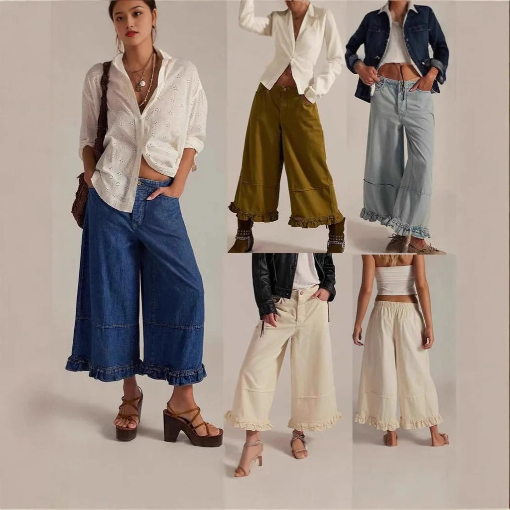 Lace Trim Cropped Wide-Leg Jeans
