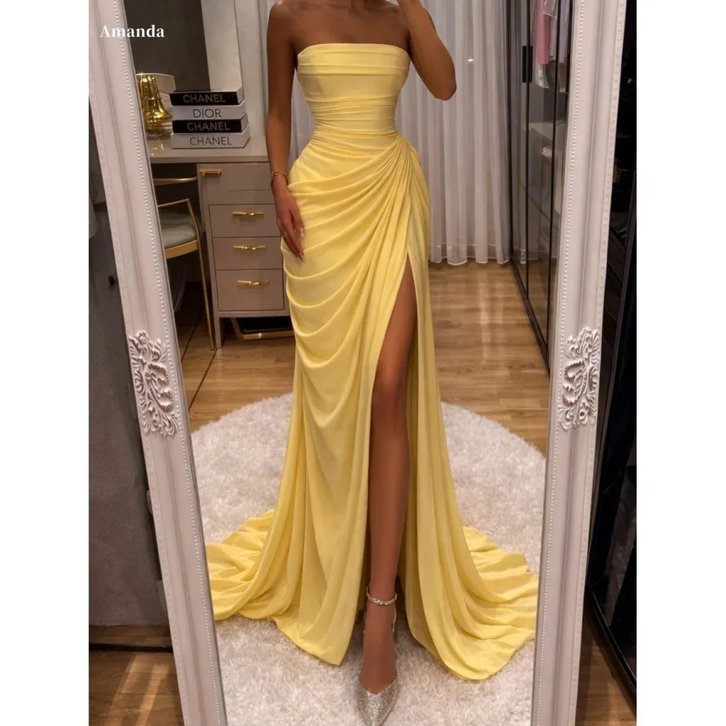 Lemon Yellow Strapless Slit Prom Dress