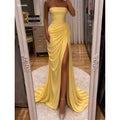 Lemon Yellow Strapless Slit Prom Dress