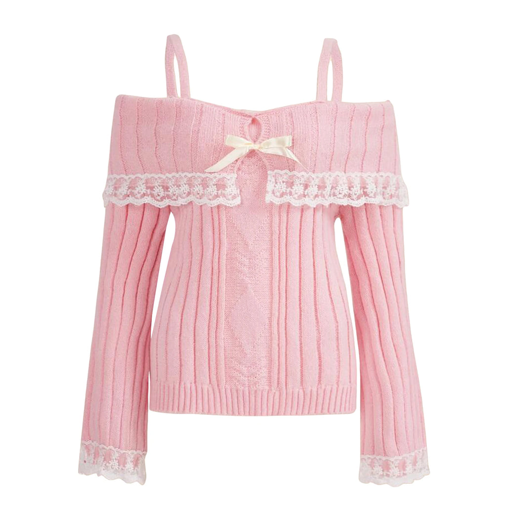 Off-Shoulder Bow Lace Knit Sweater