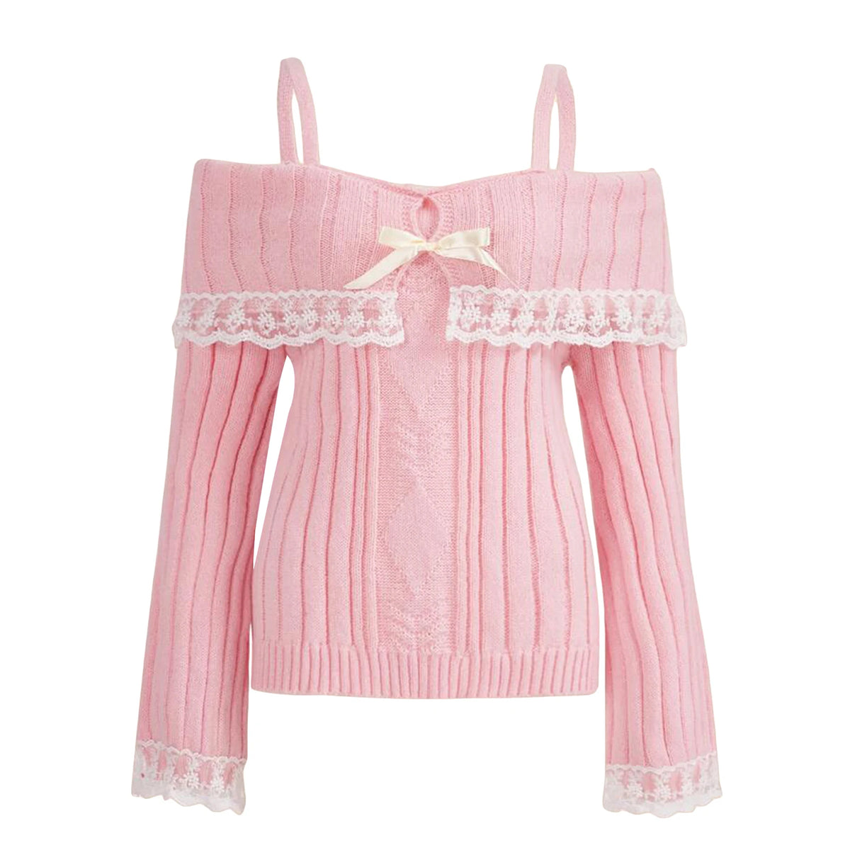 Off-Shoulder Bow Lace Knit Sweater