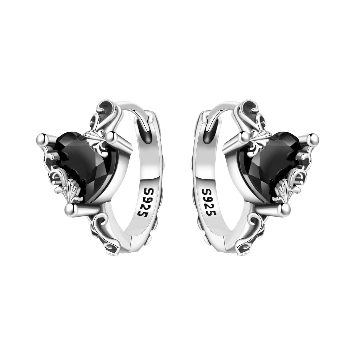 925 Silver Vine Heart Black Zircon Hoops