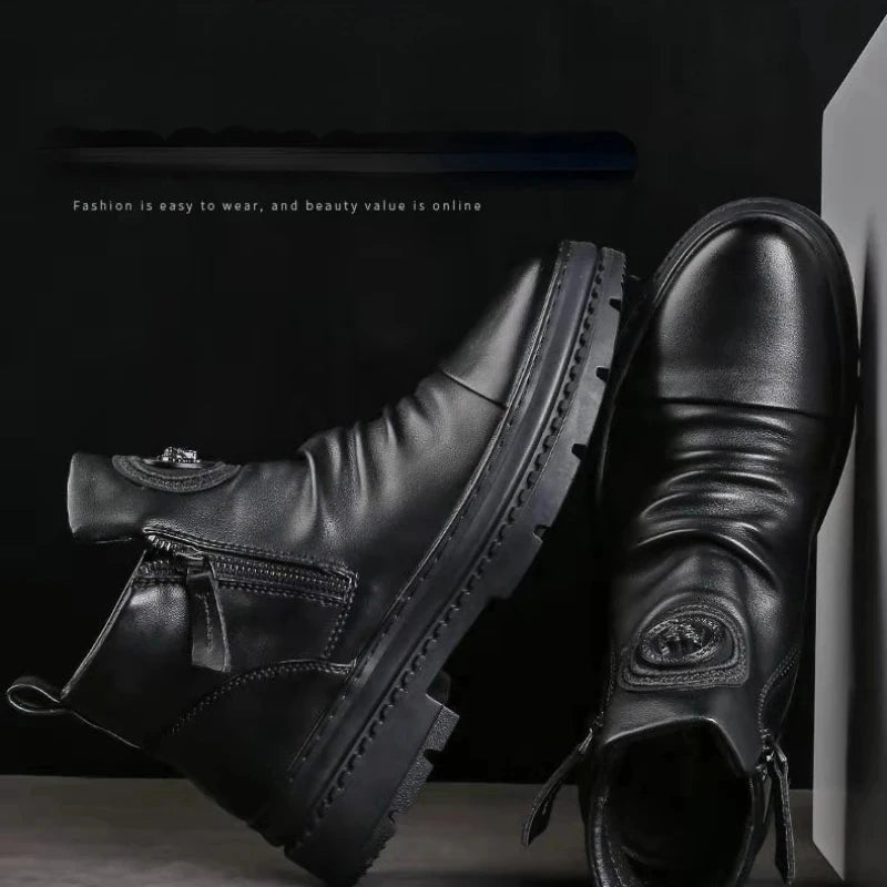 Men's Zip Leather Motorcycle Boots