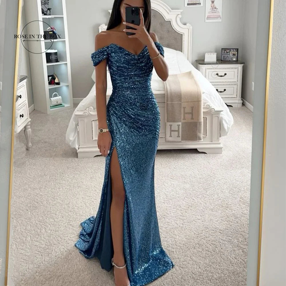 Off-Shoulder Sequin Mermaid Slit Gown