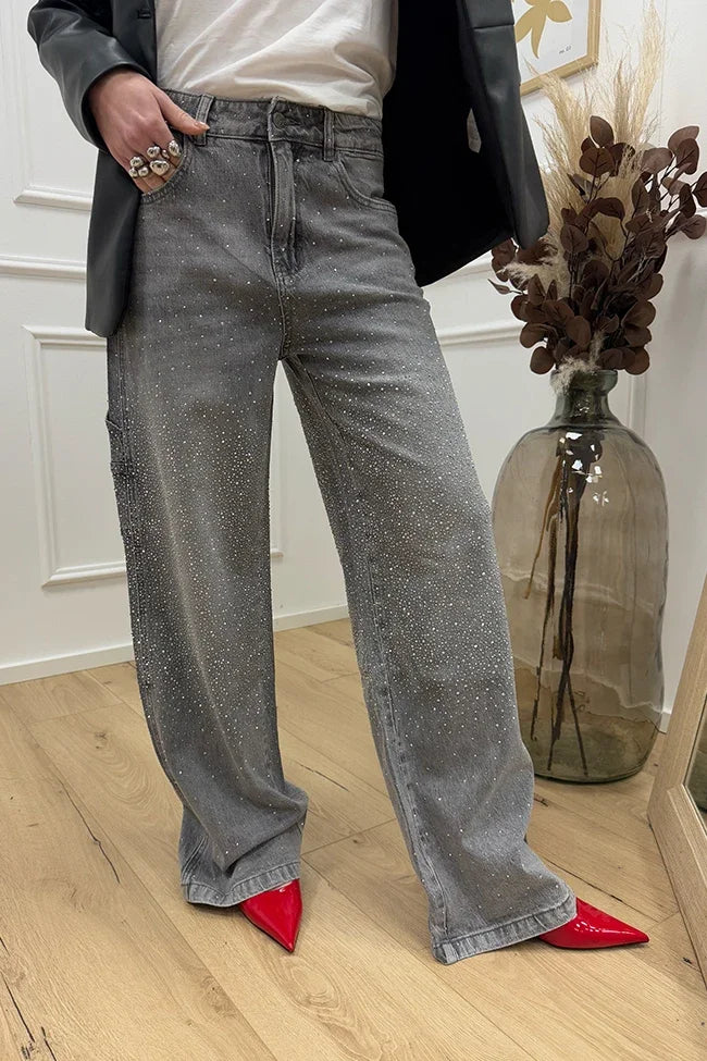 Rhinestone Low Waist Straight Jeans
