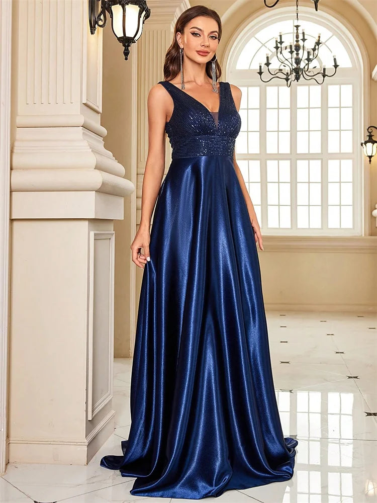 Deep V-Neck Satin Sequin Gown with Pockets