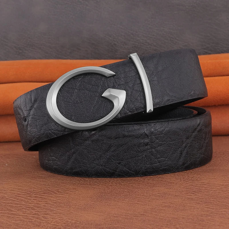 Men's Coffee Leather Belt with Smooth Buckle