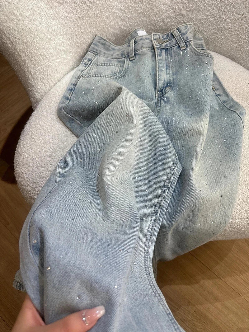 Light Blue Rhinestone Straight Jeans