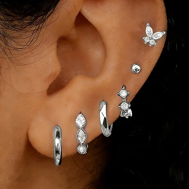 Crystal Huggie & Butterfly Earrings – 6 Pcs