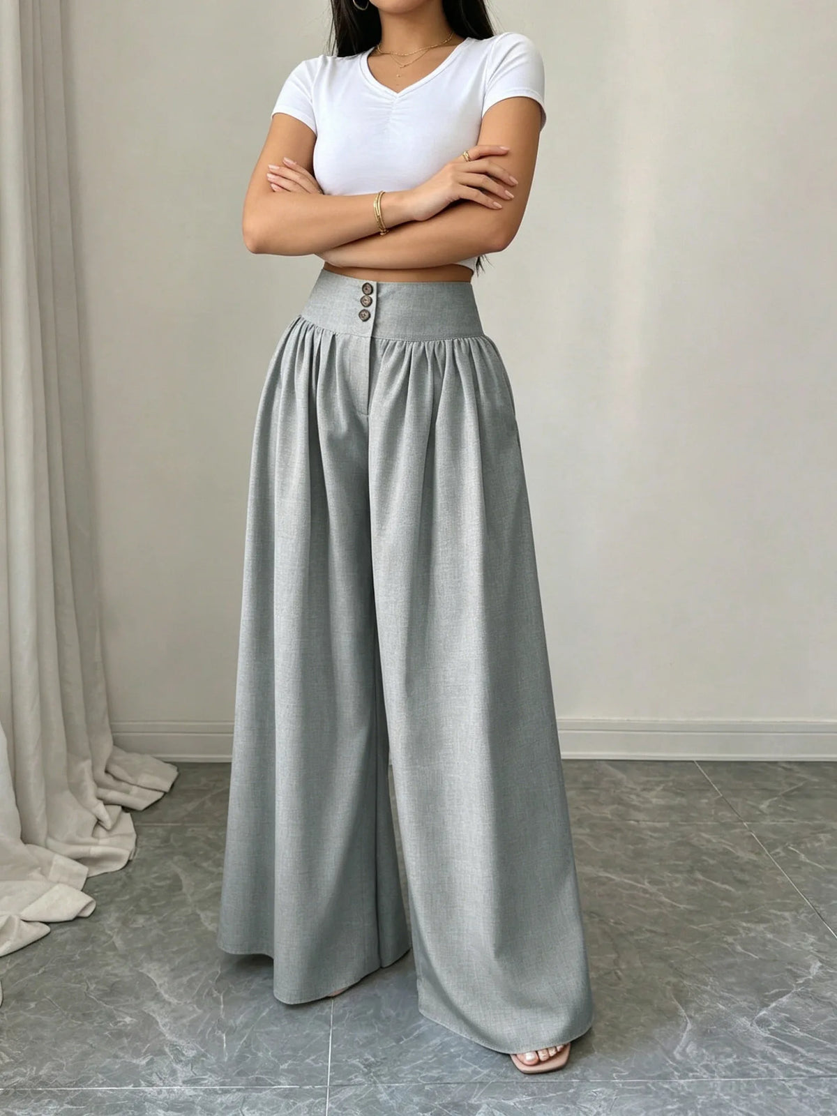 3-Button High Waist Wide-Leg Pants