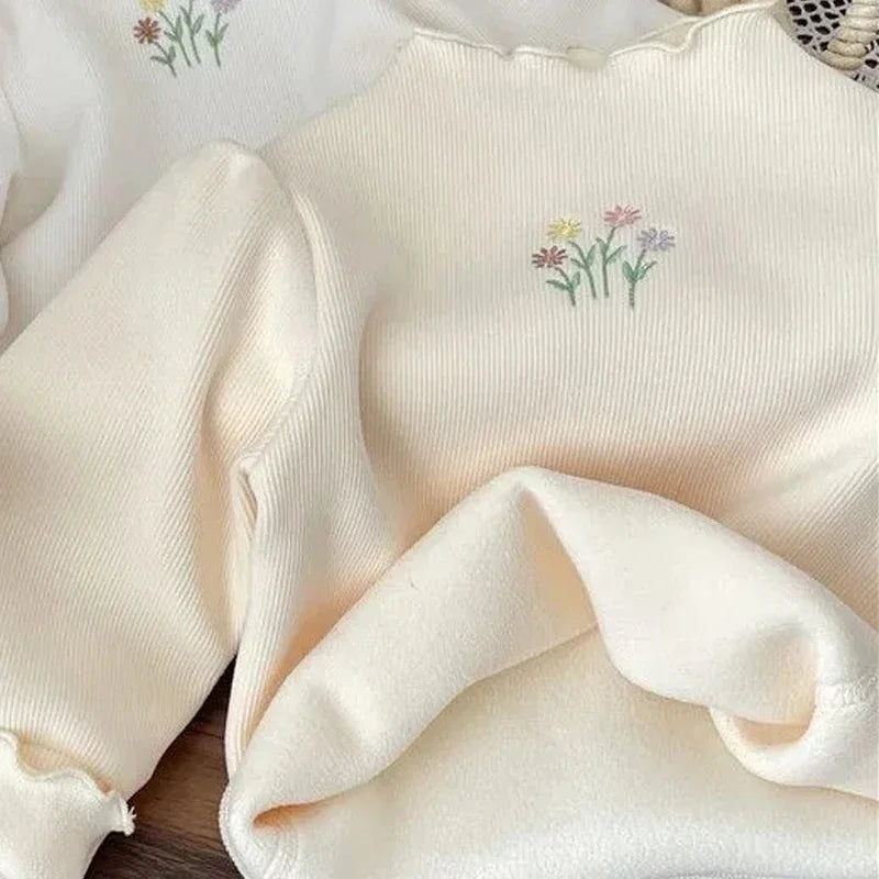 Girls Puff Sleeve Embroidered Sweater