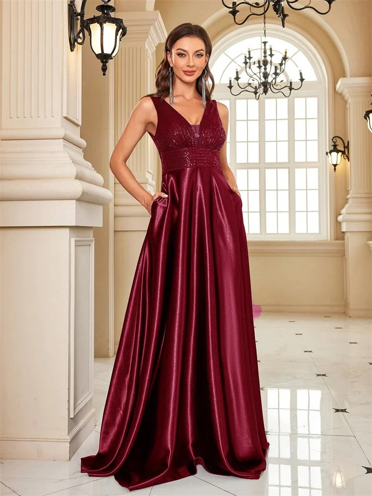 Deep V-Neck Satin Sequin Gown with Pockets