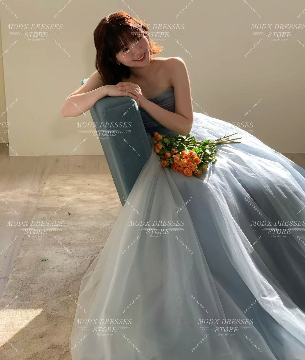 Sky Blue Tulle A-Line Evening Dress