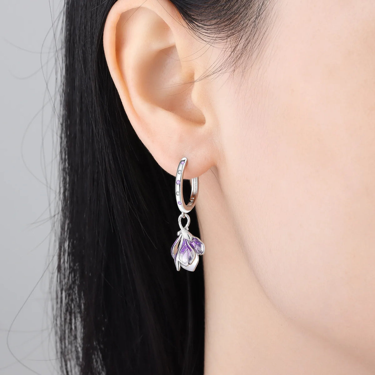925 Silver Purple Magnolia Earrings