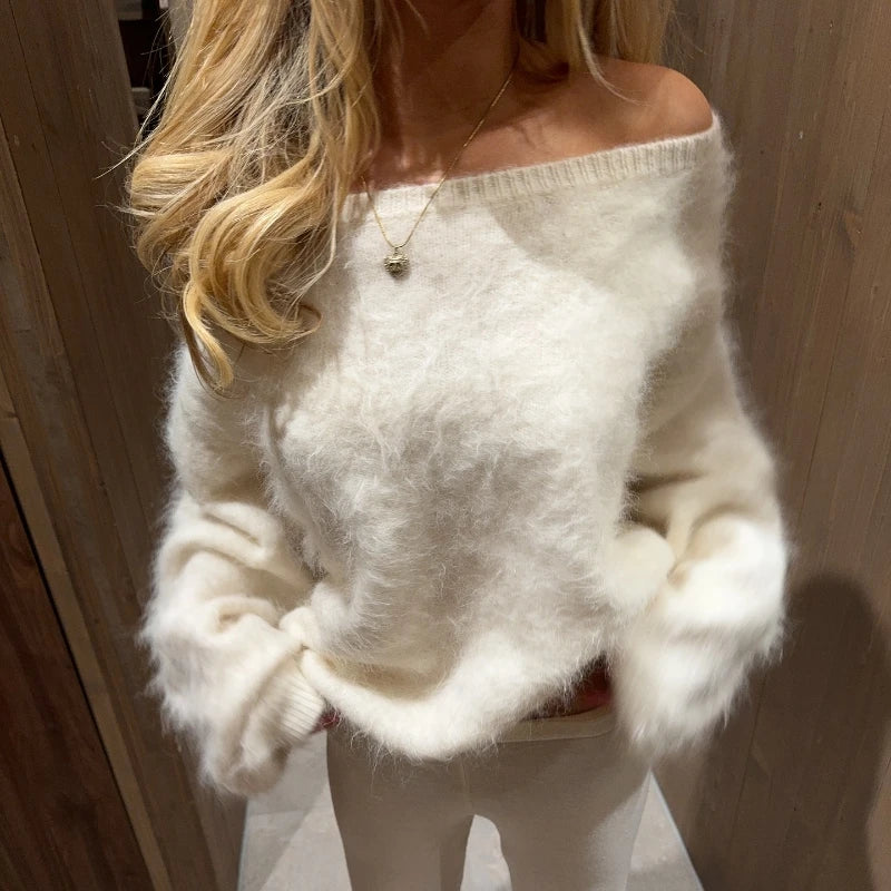 Fuzzy Off-Shoulder Knit Sweater