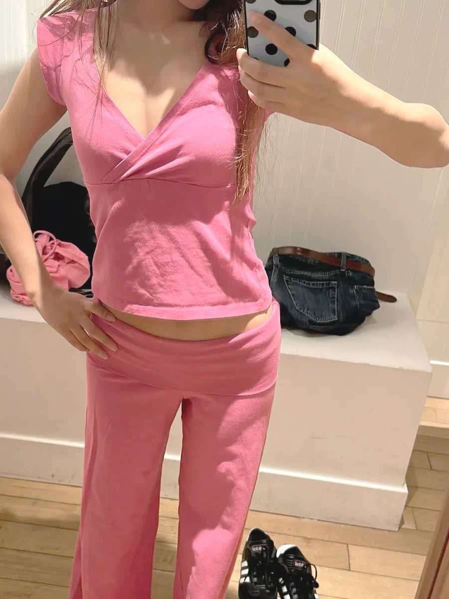 Cross V-Neck Crop Top & Pants Set