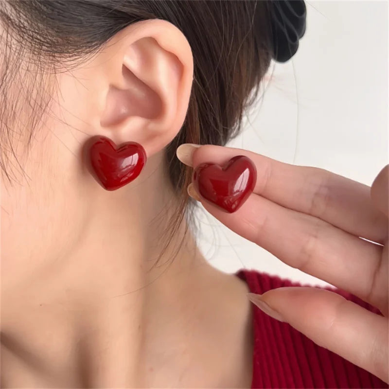 Wine Red Enamel Heart Studs