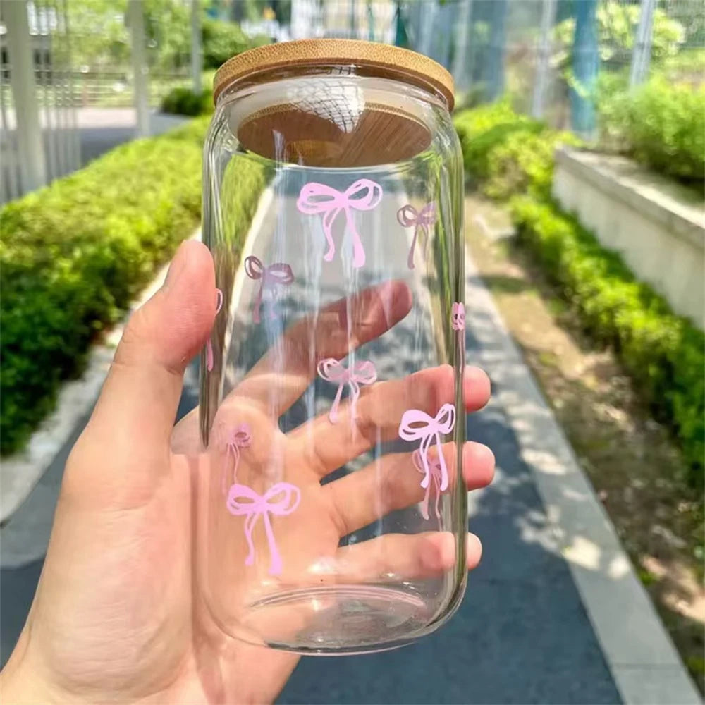 Pink Bow Glass Cup with Lid & Straw 500ml