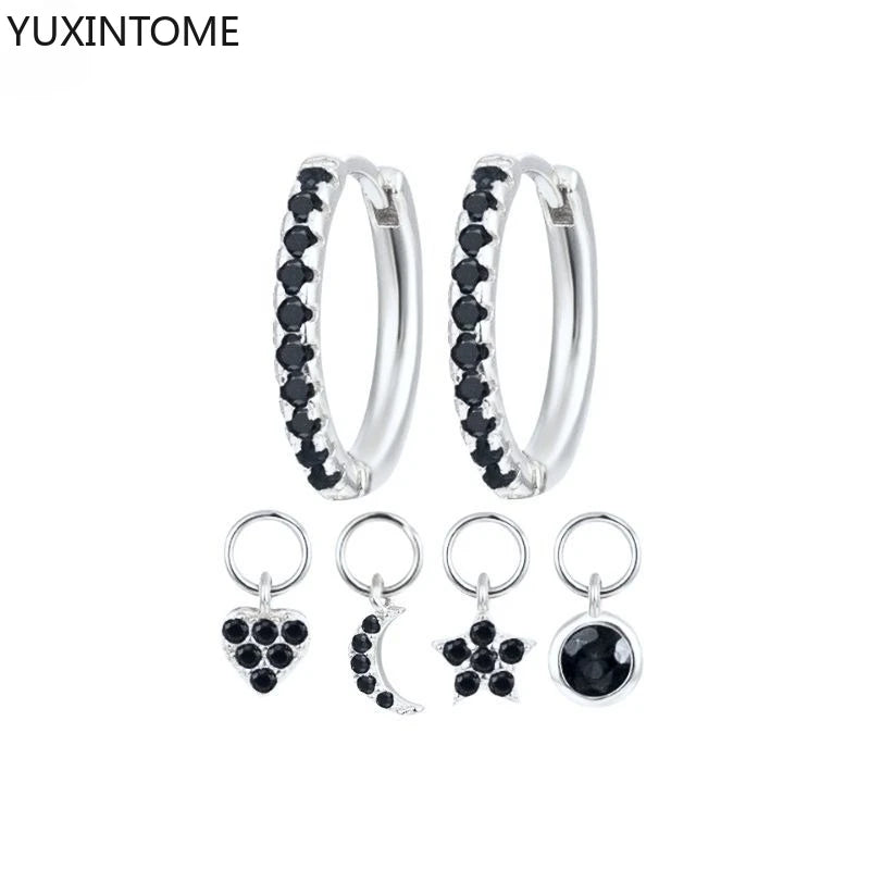 925 Silver Black Zircon Charm Hoops