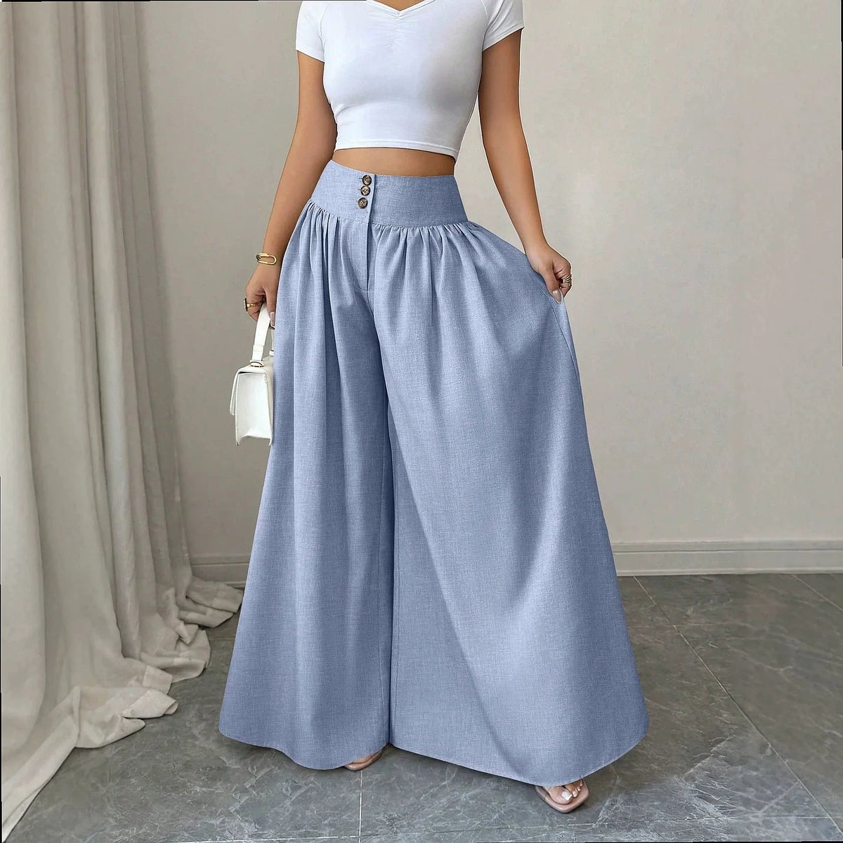 3-Button High Waist Wide-Leg Pants